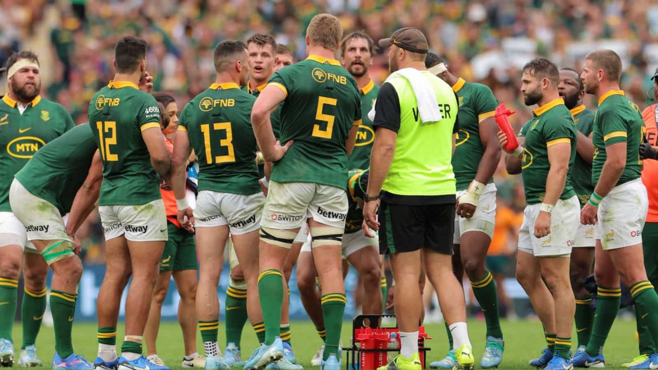 Springboks players in a huddle during the 2024 Rugby Championship.
