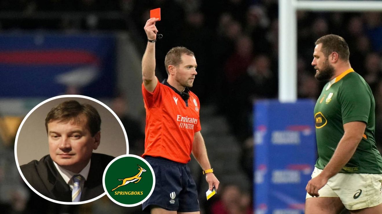 Thomas du Toit being sent off the Springboks and SA Rugby CEO Rian Oberholzer (inset).