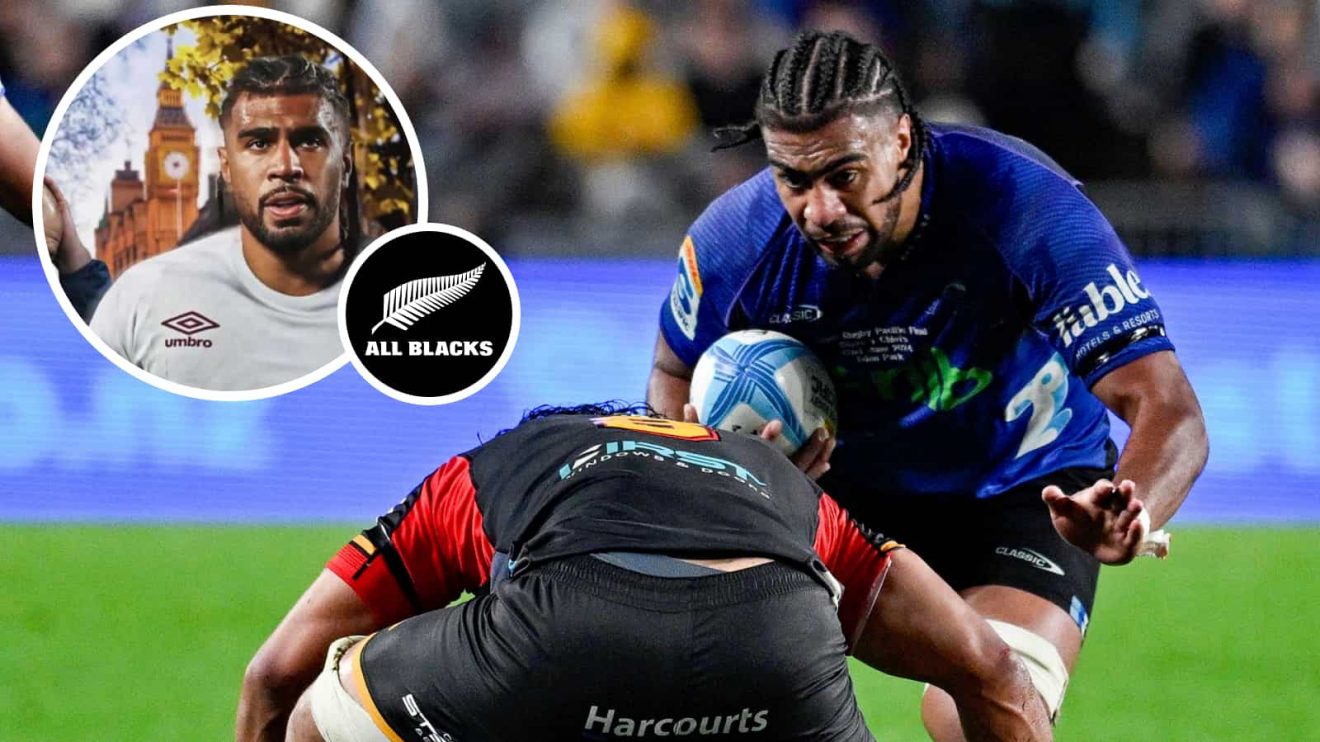 Blues forward Hoskins Sotutu and an insert of him in an England jersey via Akira Ioane's Instagram.