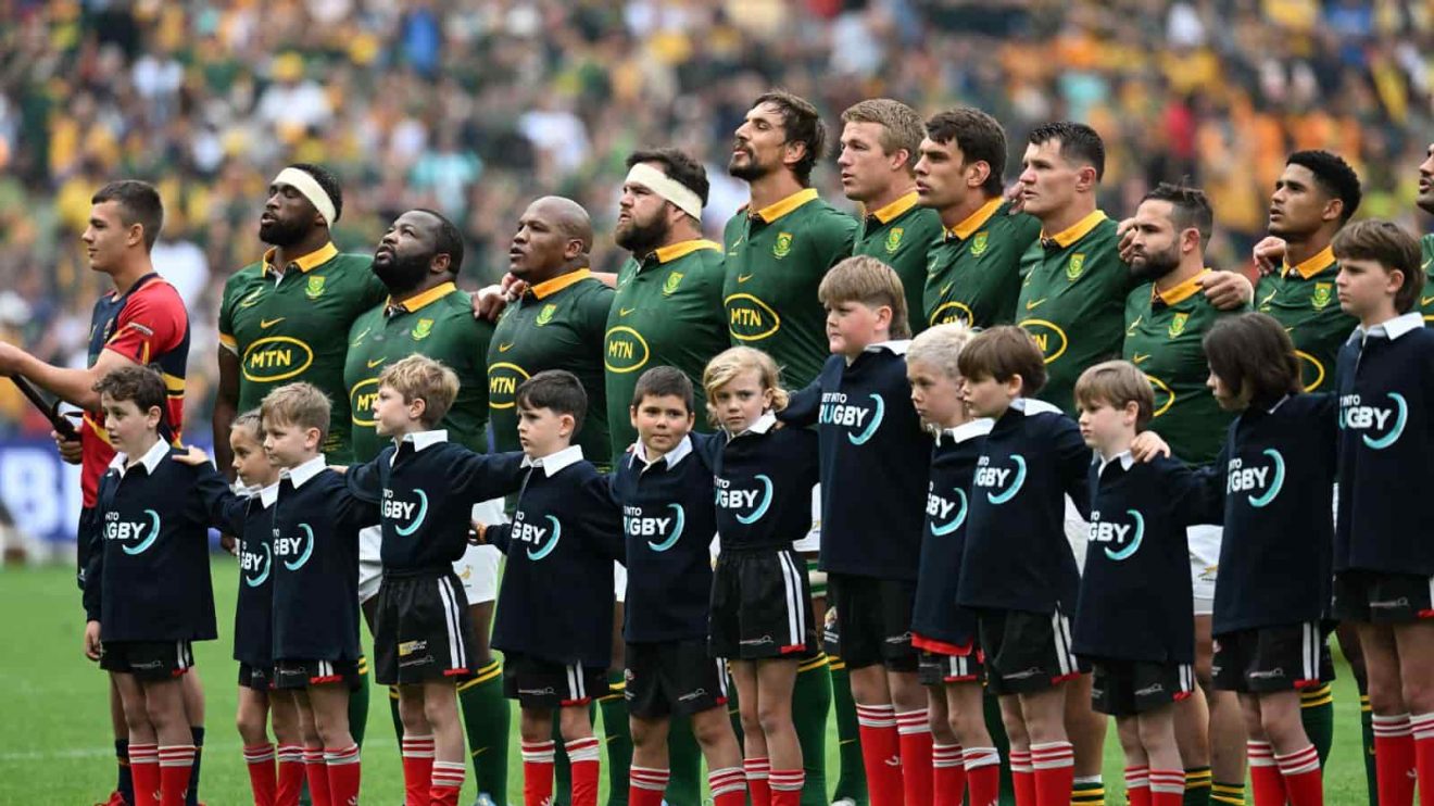 Springboks players are seen during their national anthem