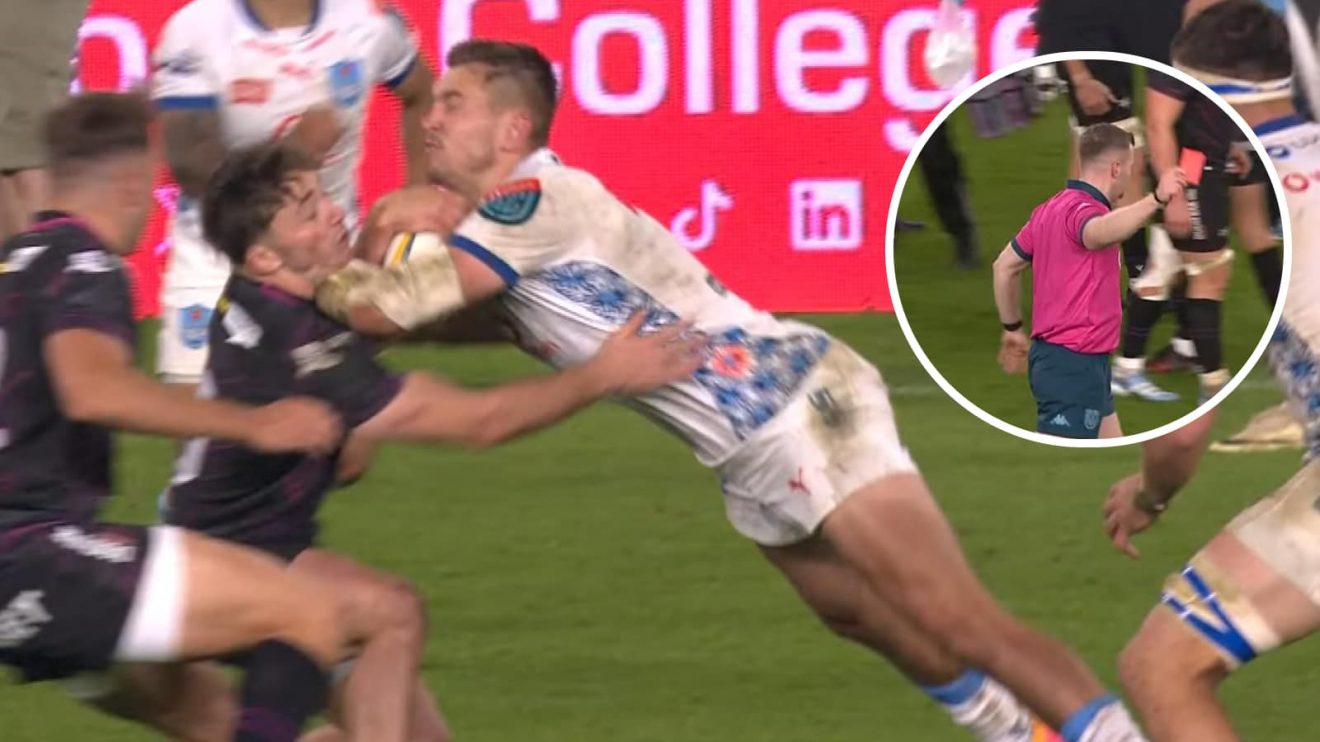 Bulls centre David Kriel's carry into Dan Edwards and referee Eoghan Cross issuing the red card in the URC.