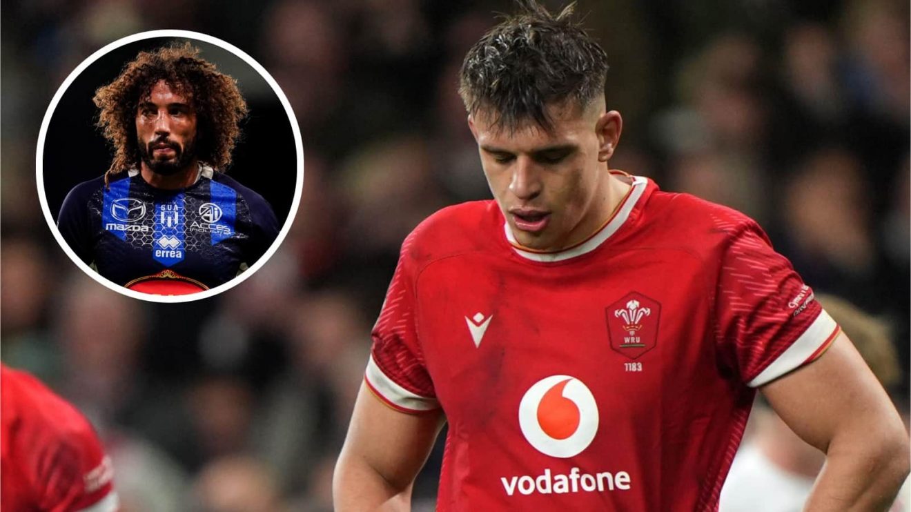 Wales' Dafydd Jenkins appears dejected after the Guinness Men's Six Nations and an inset of Camille Gerondeau of Agen