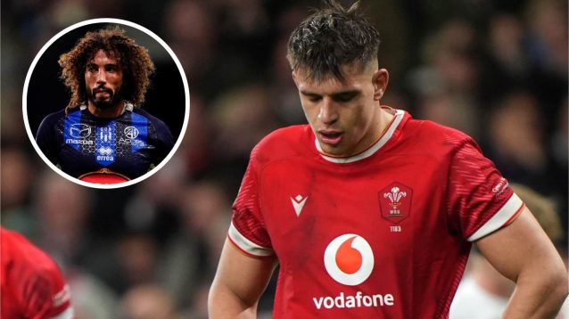 Wales' Dafydd Jenkins appears dejected after the Guinness Men's Six Nations and an inset of Camille Gerondeau of Agen