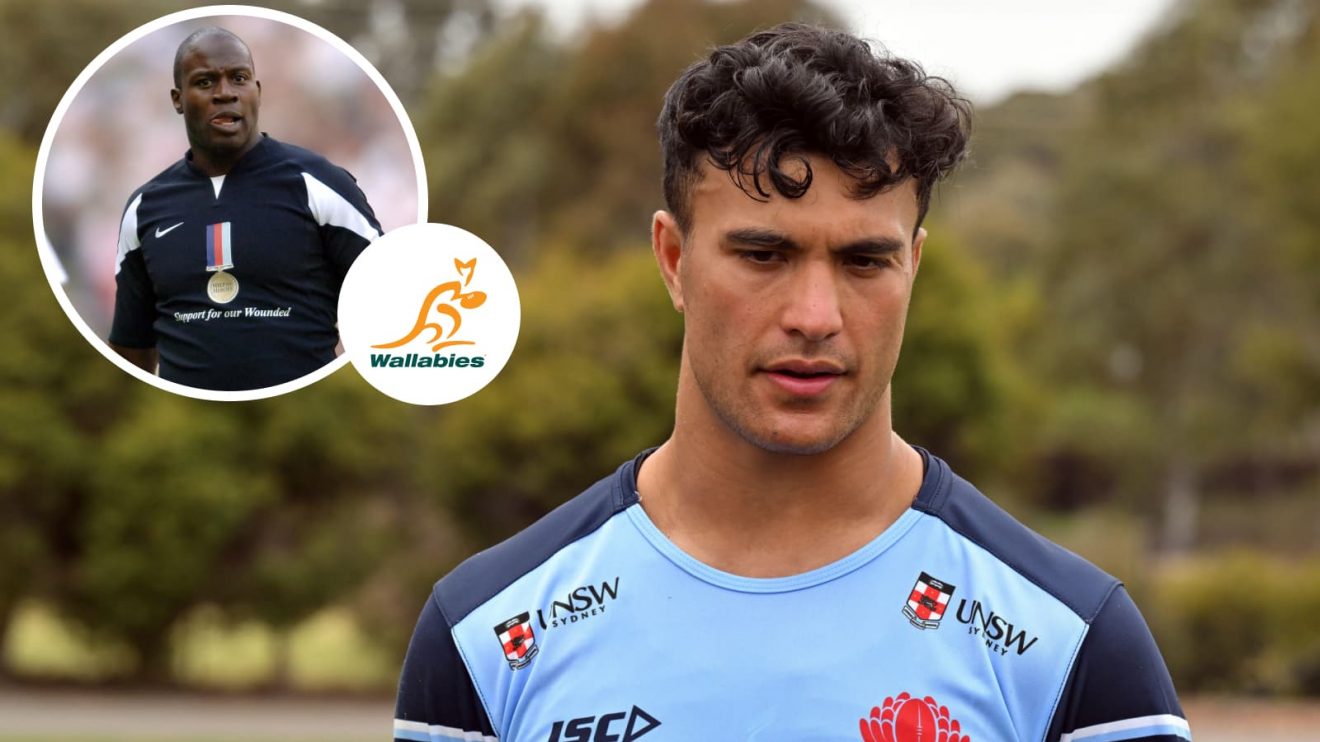 Joseph Suaalii and an insert of League legend Martin Offiah.