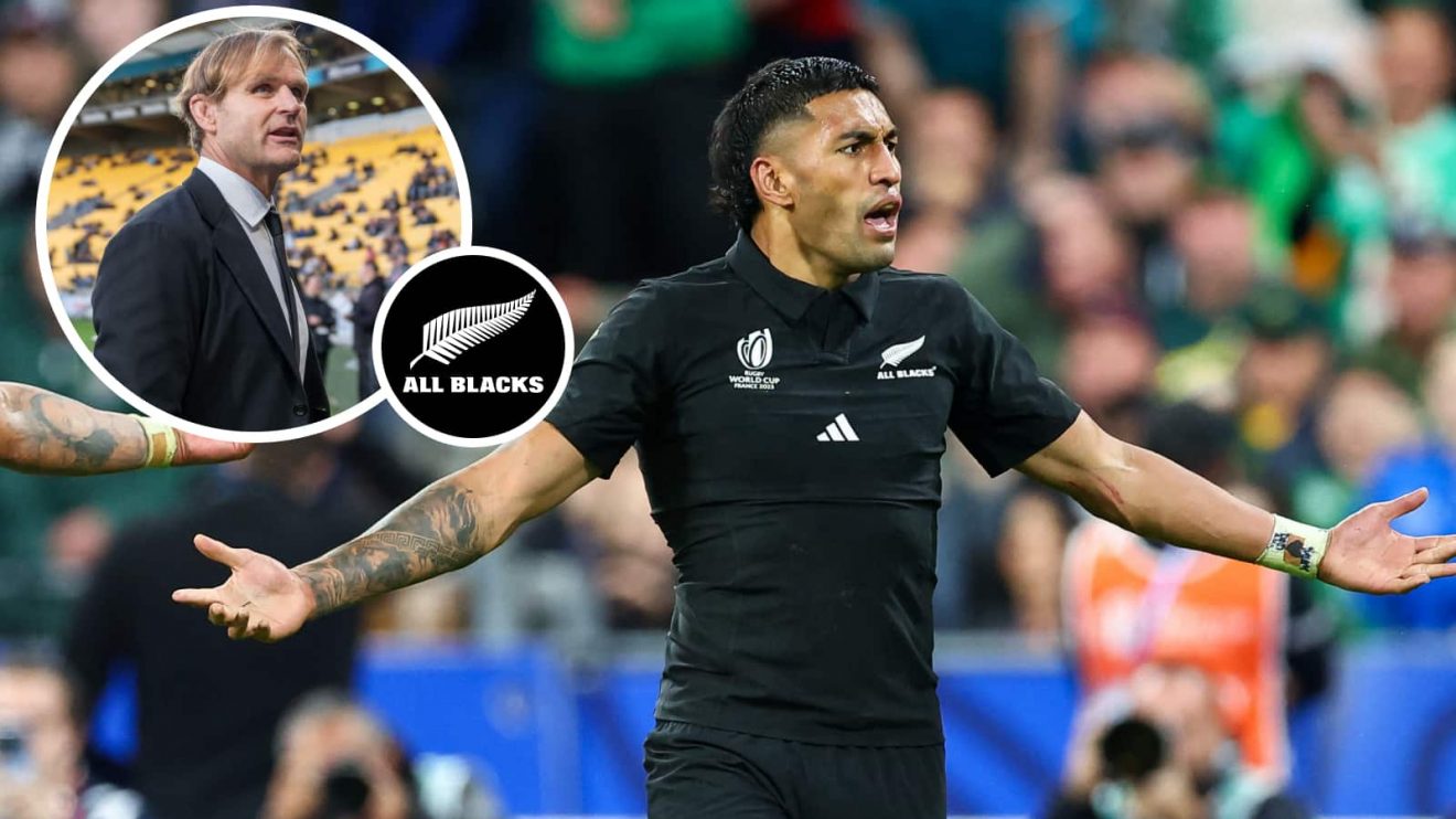 Rieko Ioane after the Rugby World Cup quarter-final and All Blacks boss Scott Robertson.