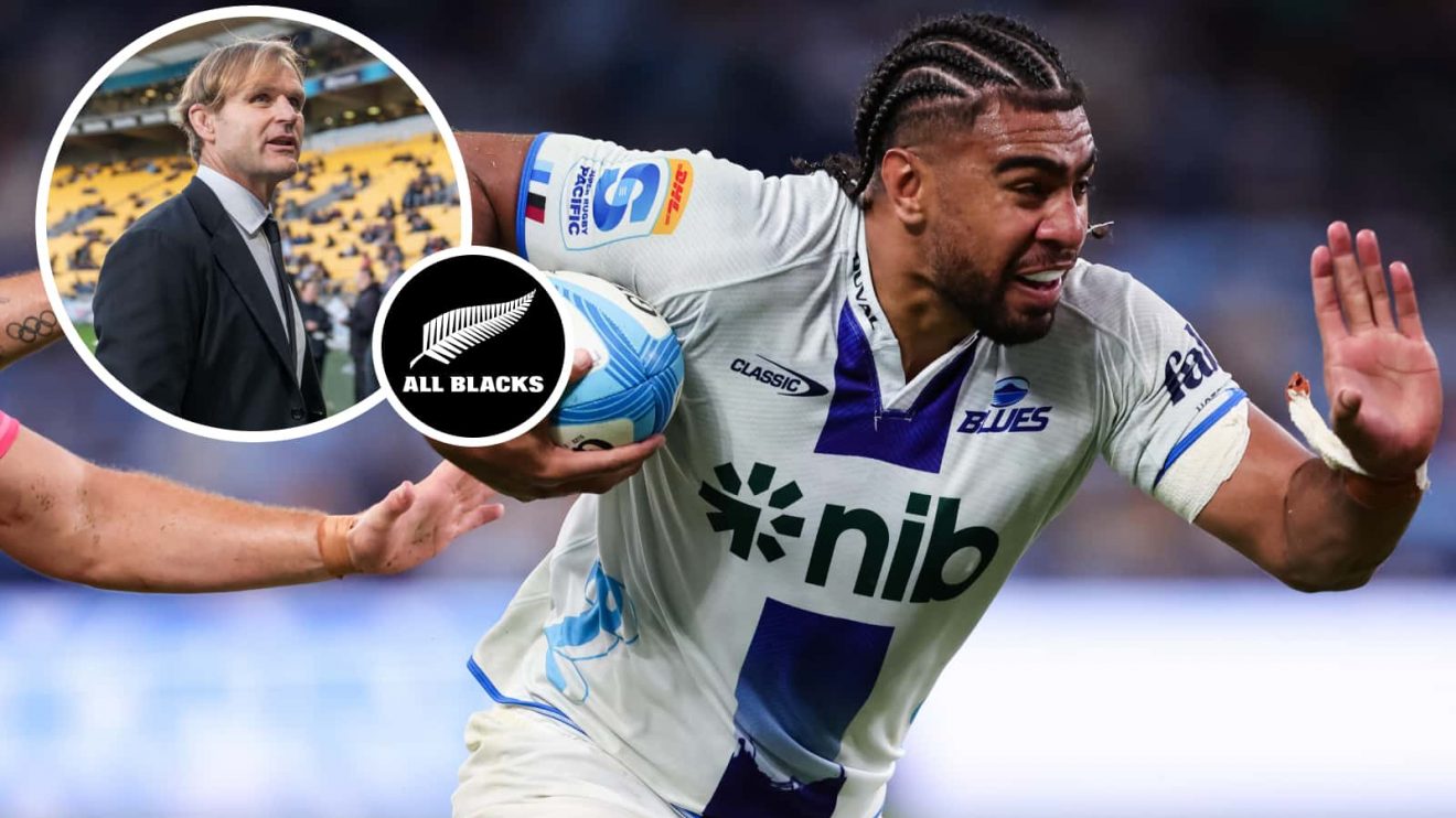 Hoskins Sotutu and an insert of All Blacks boss Scott Robertson.