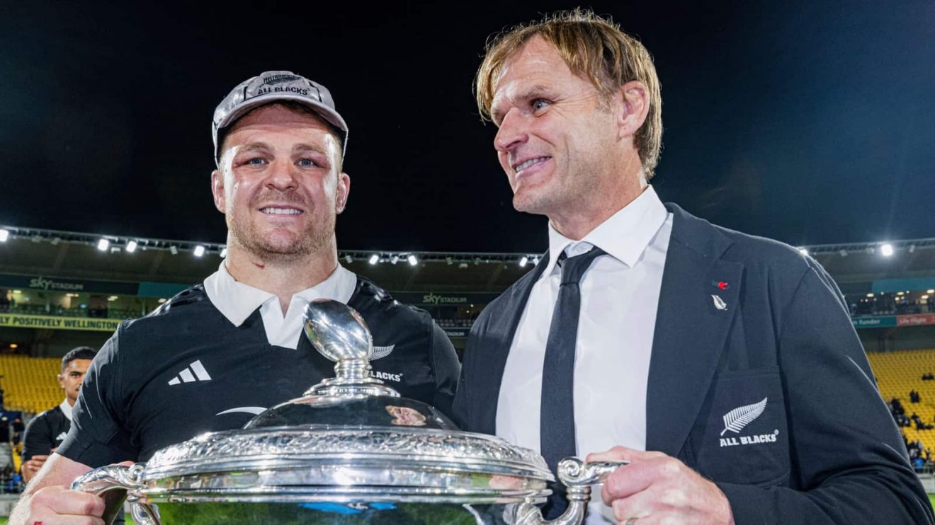All Blacks coach Scott Robertson and Sam Cane pose for a photo after Sam Cane's 100th cap presentation after the match between New Zealand and Australia. (Photo by James Foy/Speed Media/Icon Sportswire)