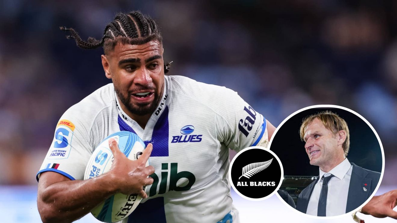 Hoskins Sotutu and an insert of All Blacks boss Scott Robertson