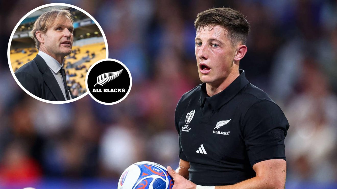 All Blacks scrum-half Cam Roigard and head coach Scott Robertson