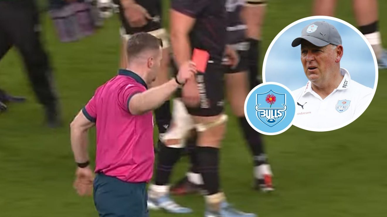 A URC red card issued to David Kriel and an insert of Bulls boss Jake White.