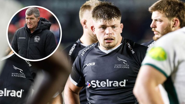 Newcastle Falcons hooker Jamie Blamire and Exeter Chiefs boss Rob Baxter (