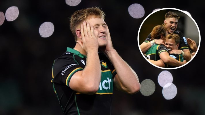 Fin Smith and an insert of fellow Northampton Saints players.