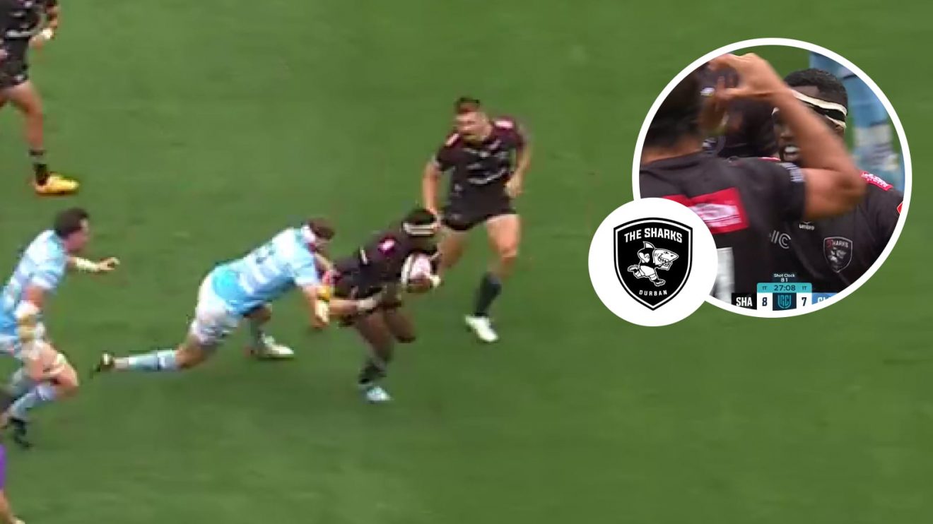 Springboks captain Siya Kolisi scores for the Sharks and celebrates with Eben Etzebeth