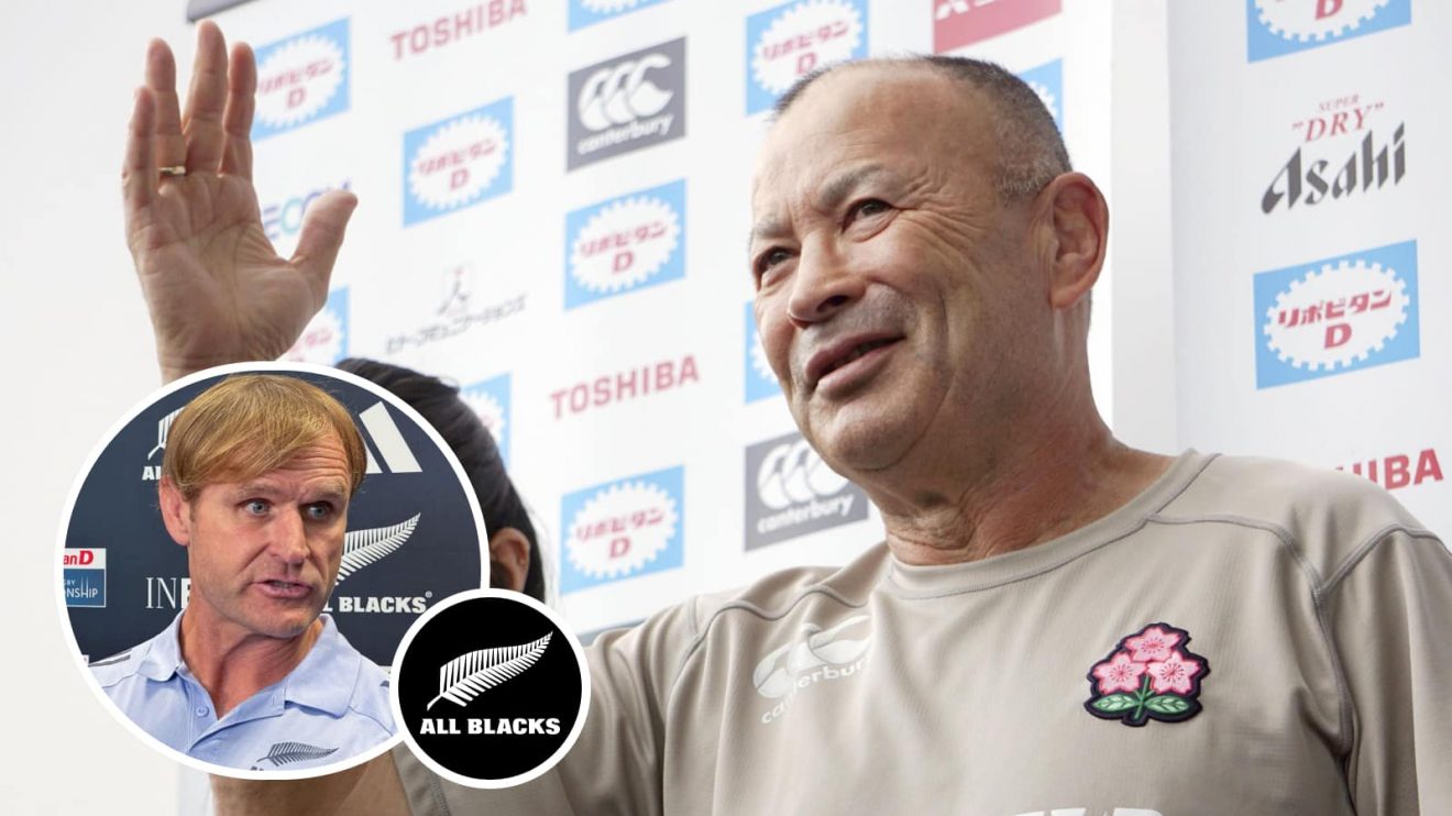 Japan head coach Eddie Jones and an insert of All Blacks boss Scott Robertson.