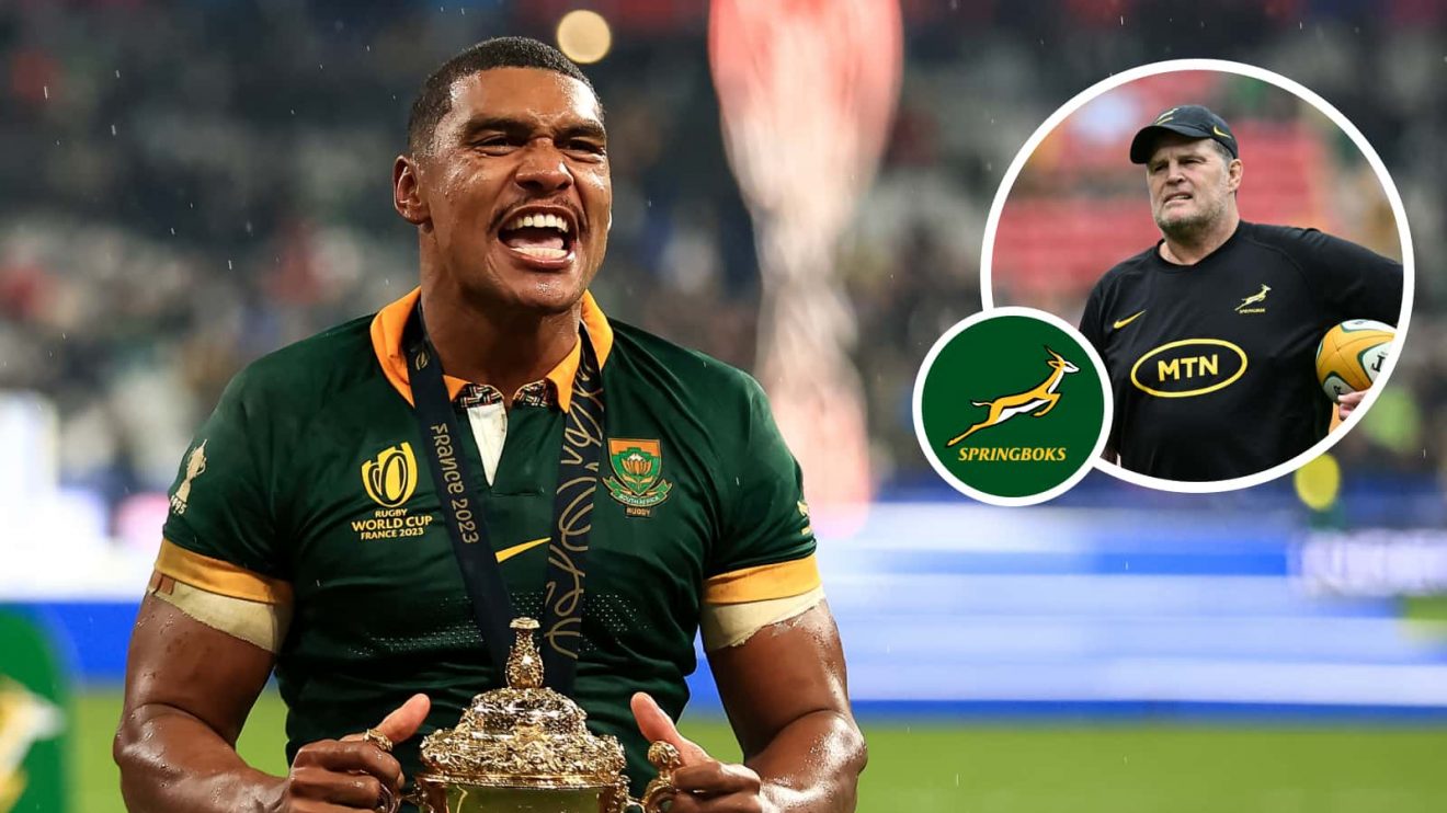 Springboks back Damian Willemse and an insert of head coach Rassie Erasmus.