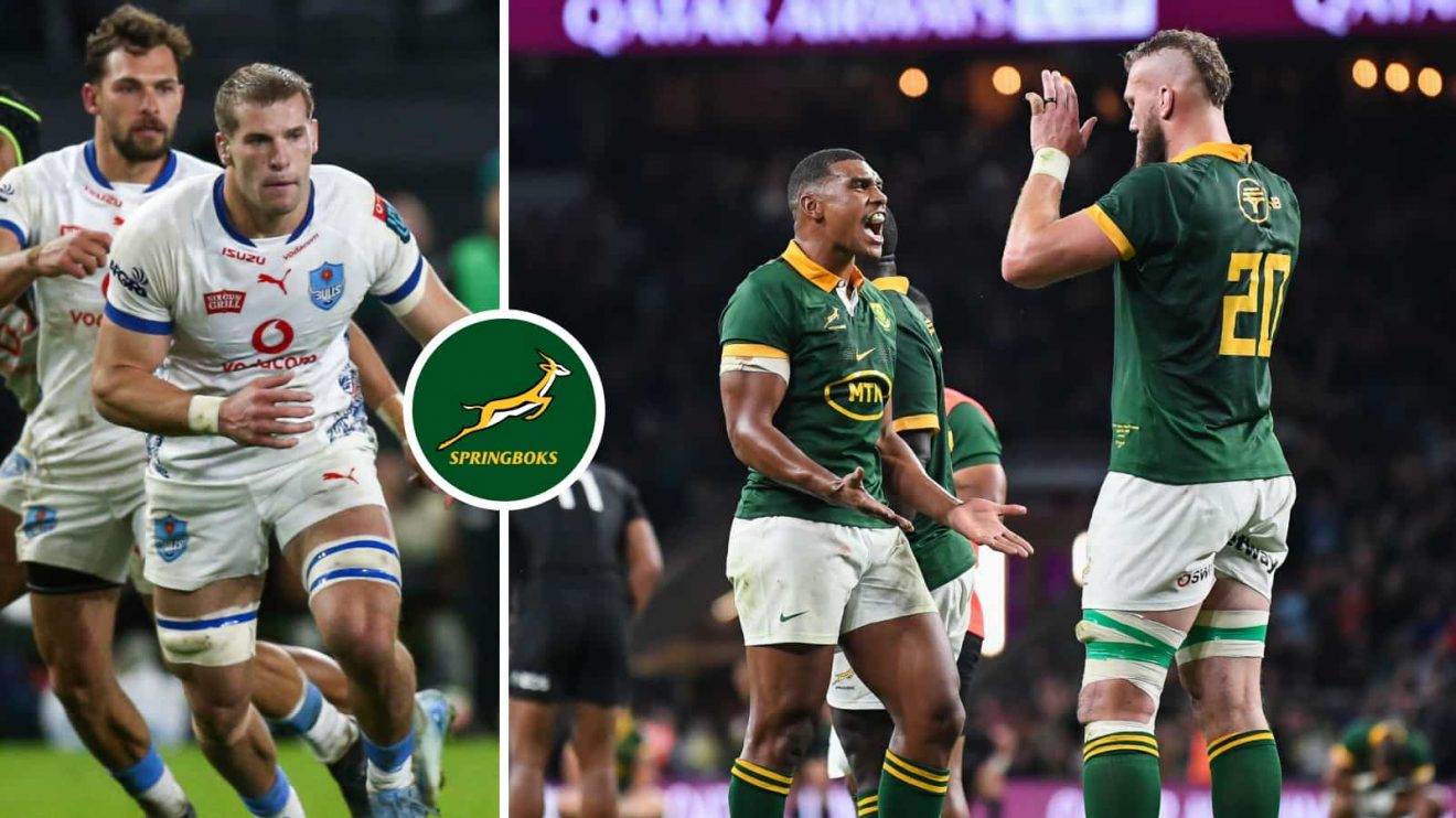 A split image of Bulls star Cameron Hanekom and Springboks Damian Willemse and RG Snyman.