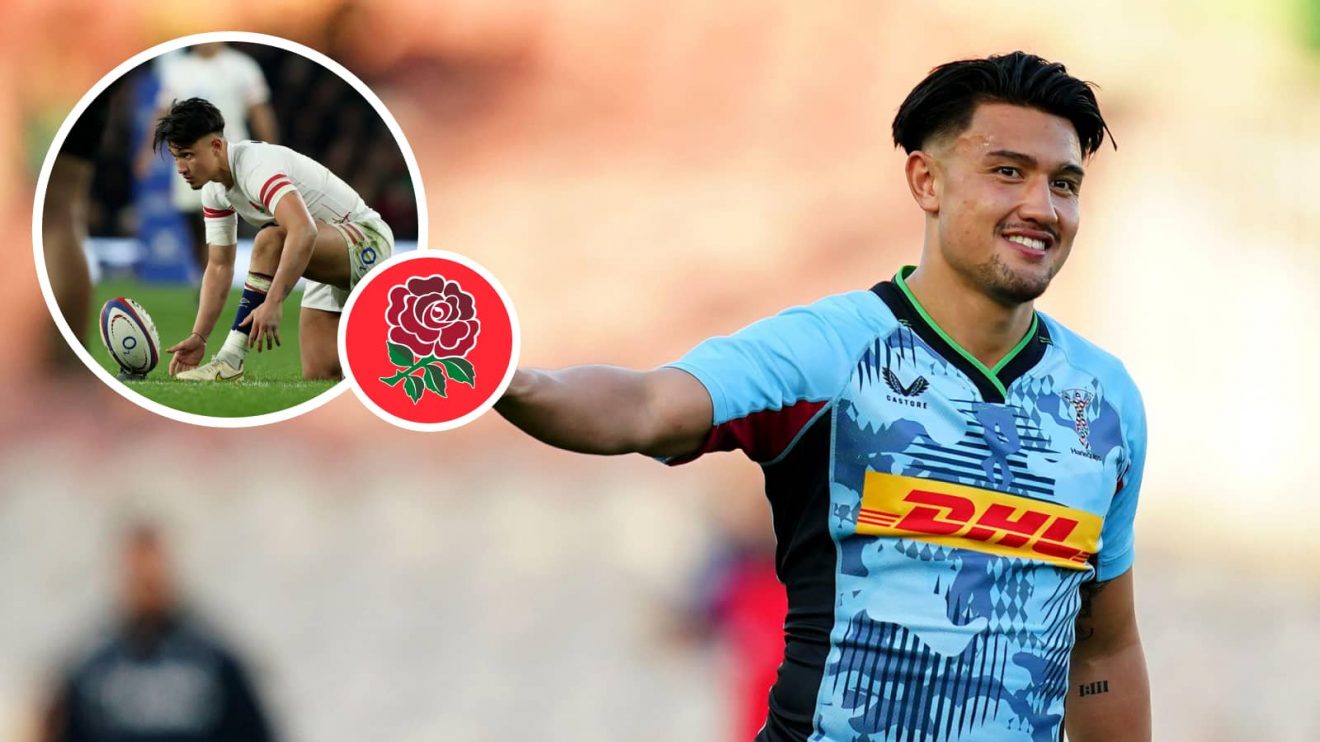 An image of Harlequins fly-half Marcus Smith and him lining up a kick for England.