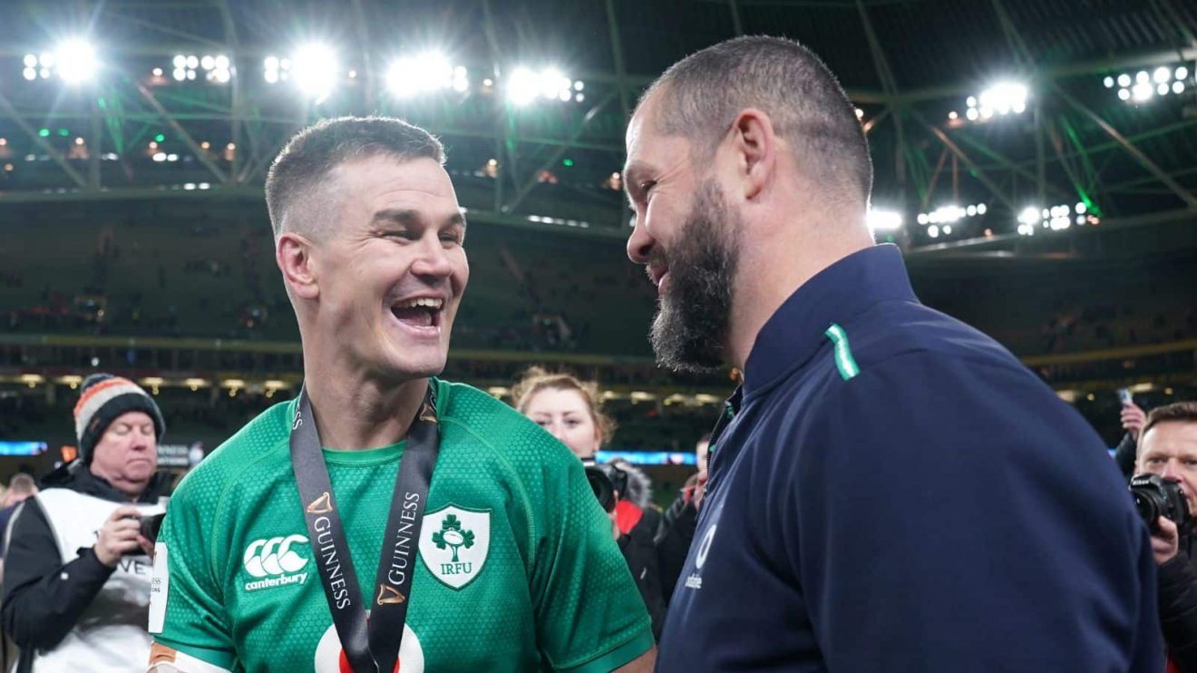 Ireland's Jonathan Sexton and head coach Andy Farrell after the Guinness Six Nations match at Aviva Stadium, Dublin.