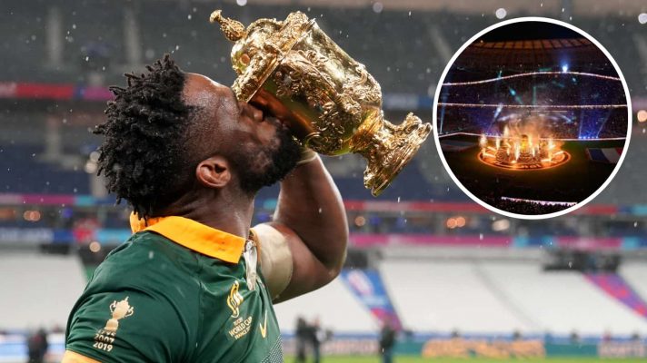 Siya Kolisi after the Rugby World Cup final and an image before the FIFA World Cup final in Qatar.