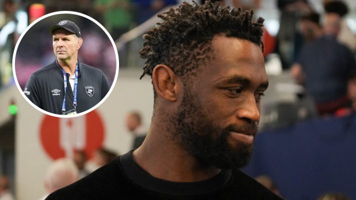 Springboks captain Siya Kolisi and an insert of Sharks head coach John Plumtree.