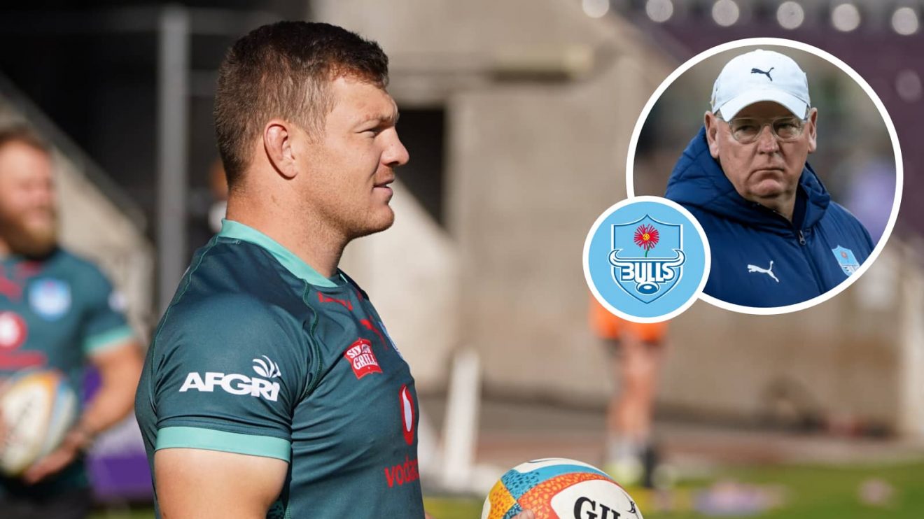 Springboks hooker Johan Grobbelaar and Bulls boss Jake White (images supplied by The Blue Bulls Company)