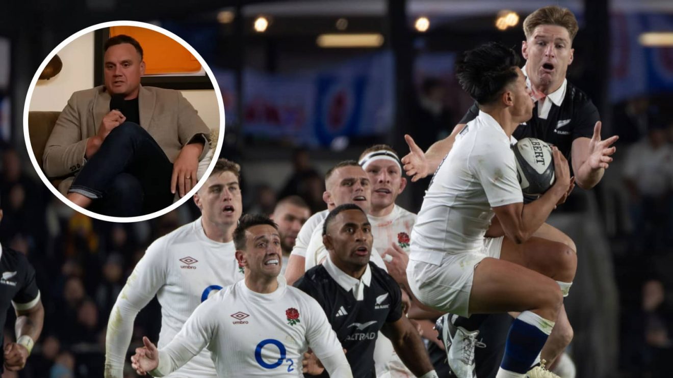 England 'escorts' trying to block All Blacks chasers in 2024 and former full-back Israel Dagg (inset).