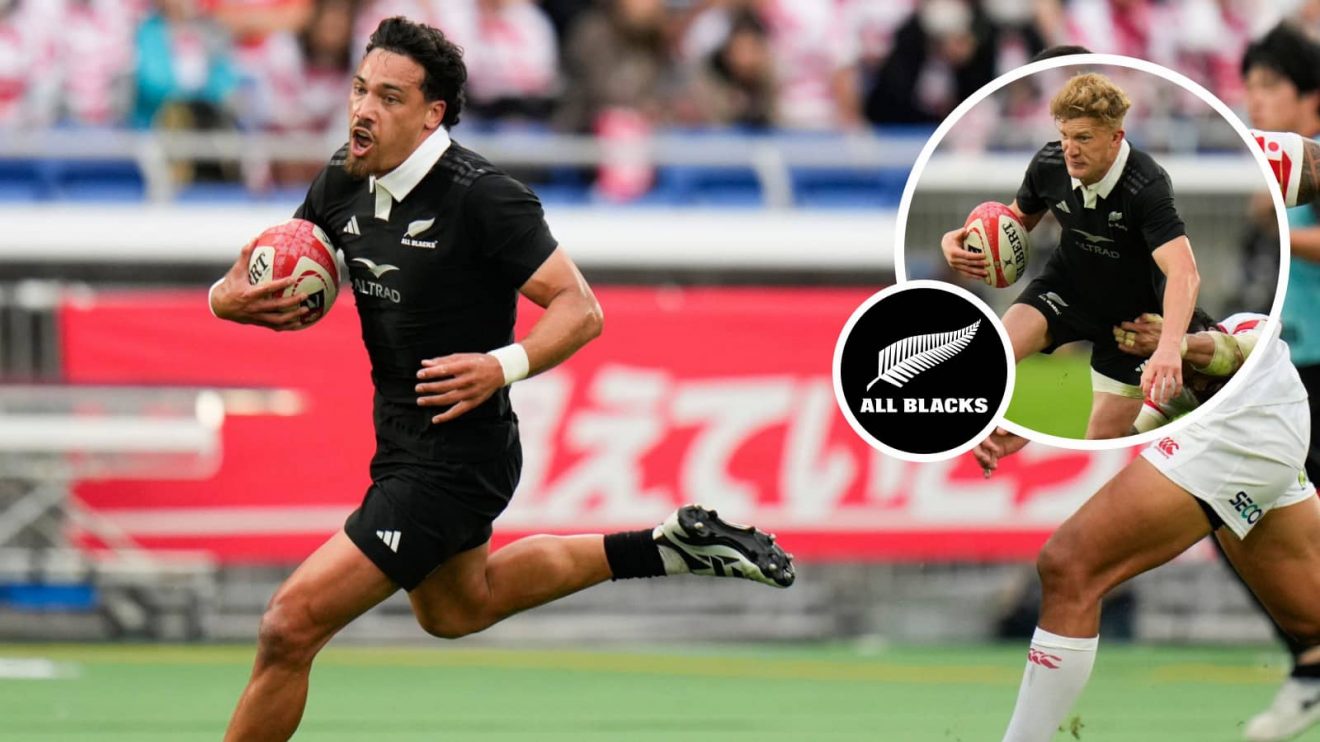 All Blacks duo Billy Proctor and Damian McKenzie (inset) in action against Japan in 2024.