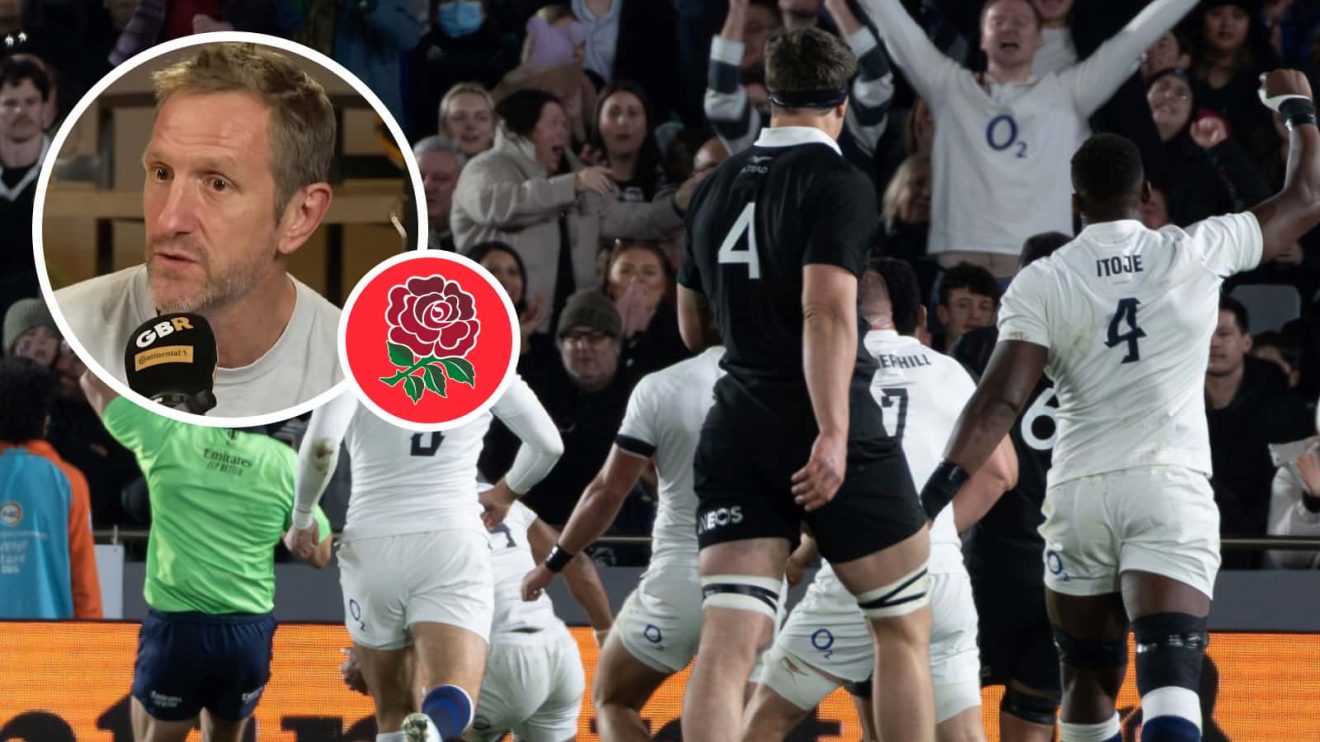 England scoring a try against the All Blacks in 2024, and former centre Will Greenwood (inset).