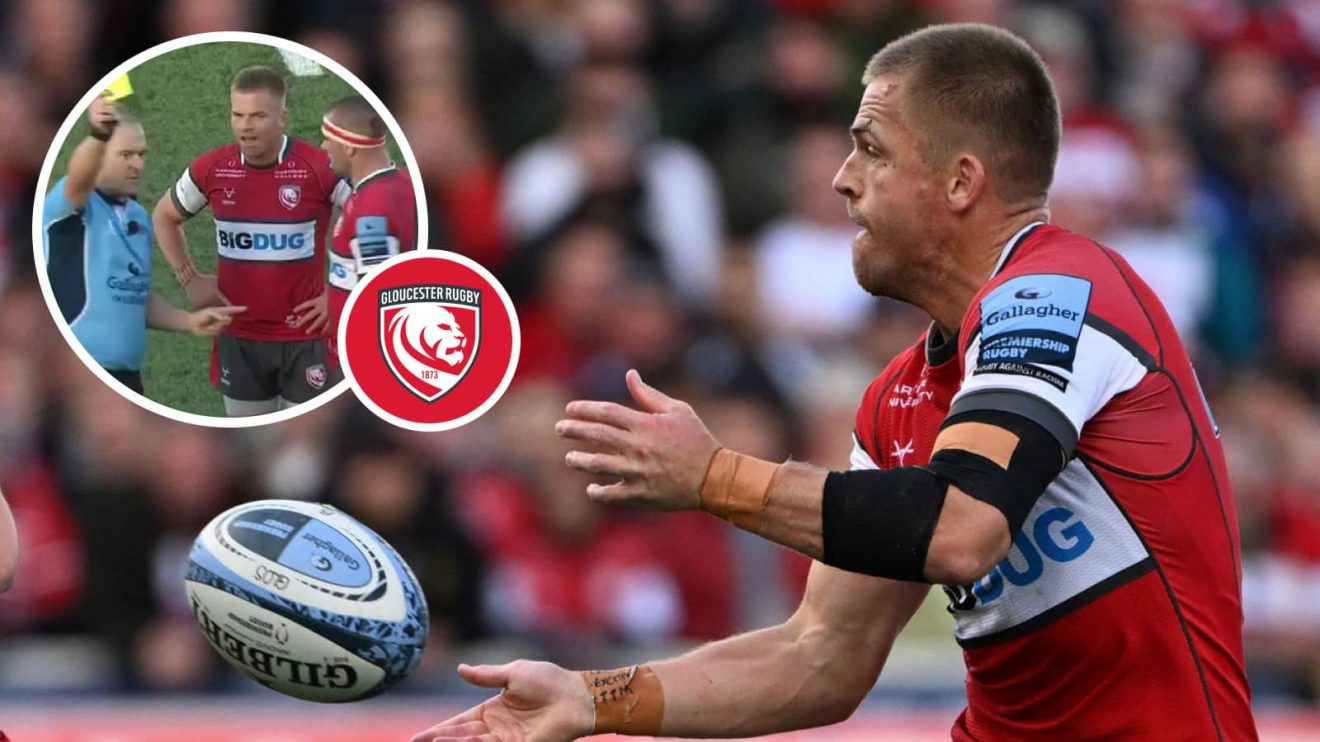 Gareth Anscombe in action for Gloucester and receiving a yellow card for referee outburst.