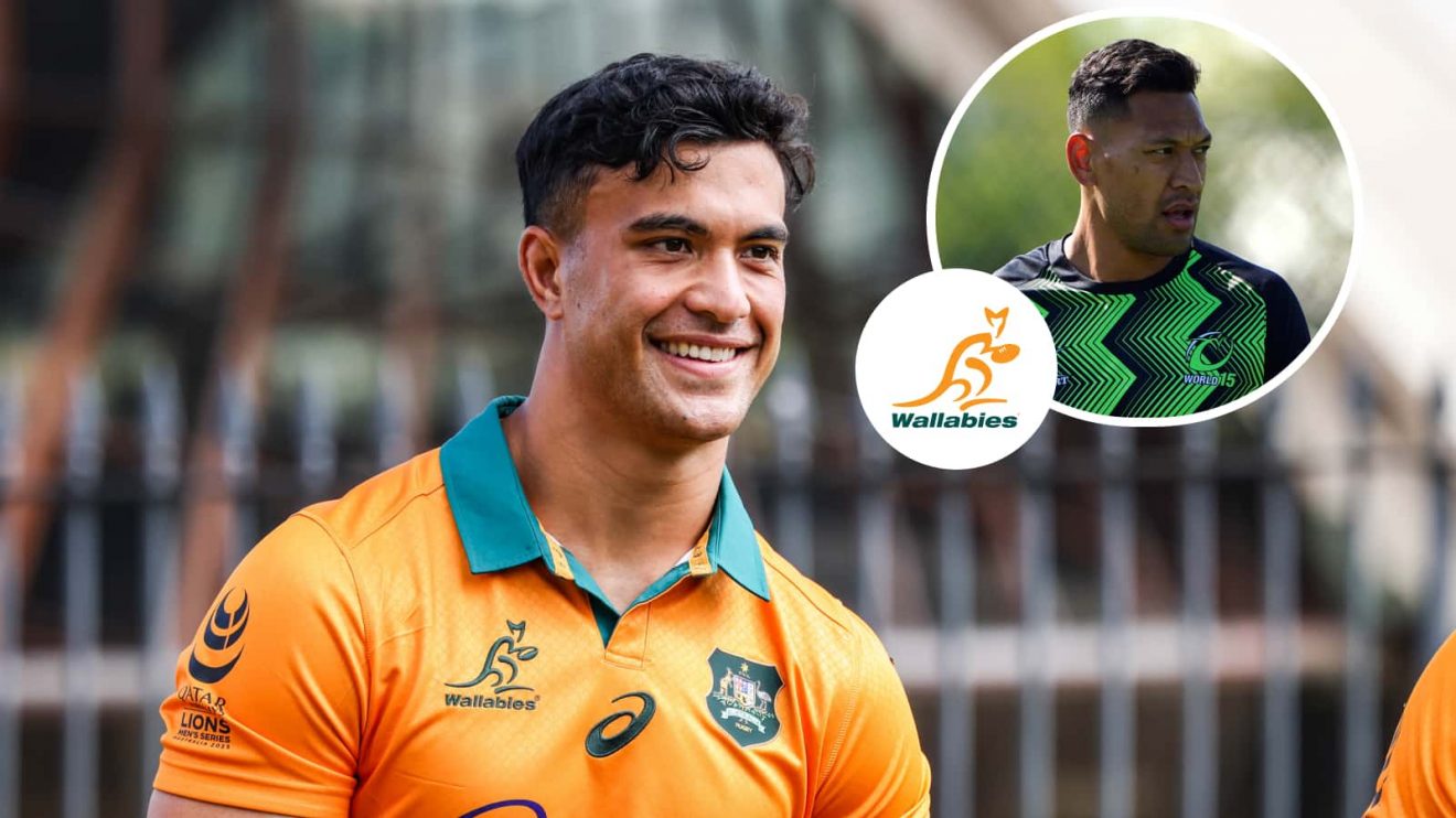 Rugby Australia's new recruit Joseph-Aukuso Suaalii and an insert of former Wallabies star Israel Folau.