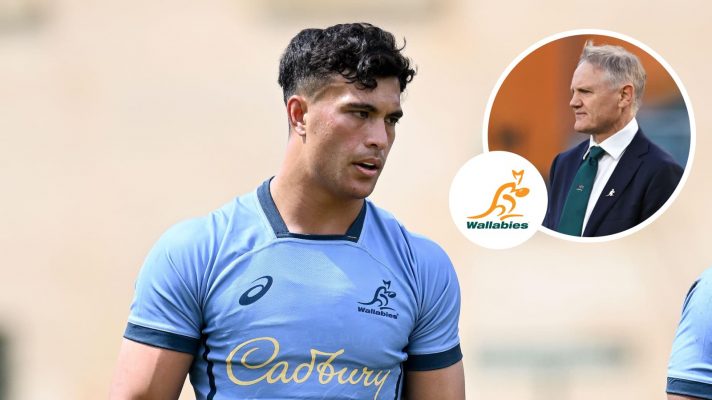 Joseph-Aukuso Suaalii and an insert of Wallabies boss Joe Schmidt.