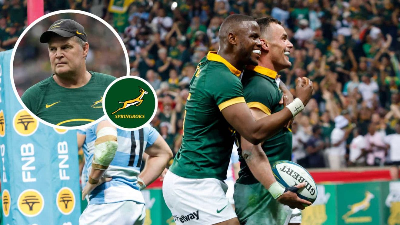 Springboks Apehelele Fassi and Jesse Kriel and an insert of head coach Rassie Erasmus.