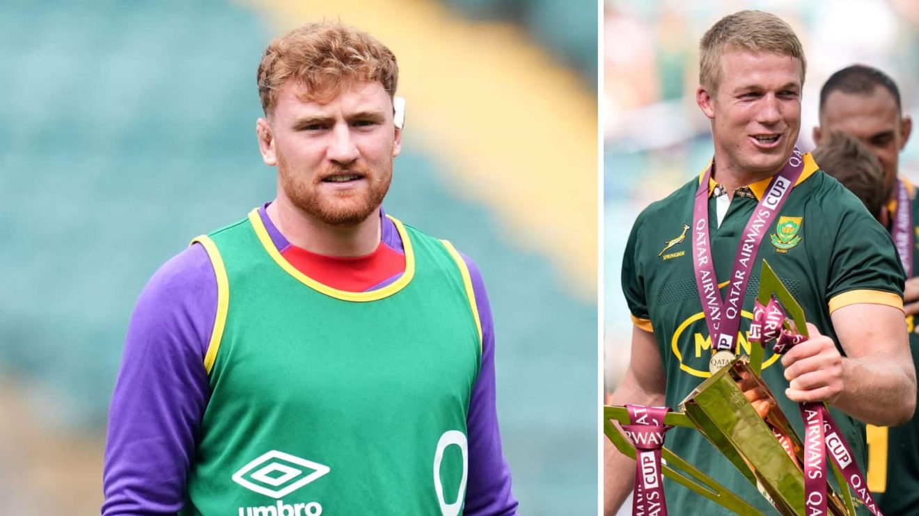 A split image of England's Ollie Chessum and Springboks' Pieter-Steph du Toit with the Qatar Airways Cup.