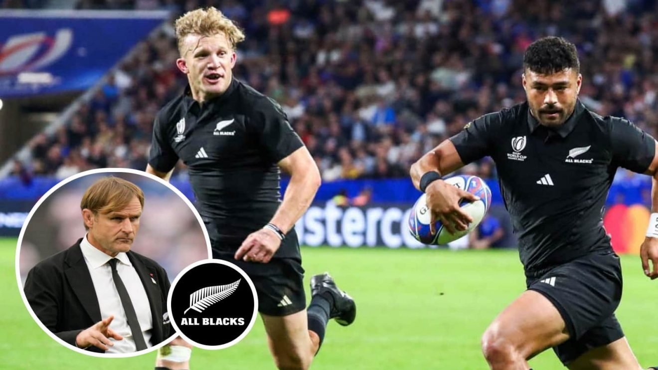 Damian McKenzie and Richie Mo'unga playing together at the 2023 Rugby World Cup, and All Blacks head coach Scott Robertson. (inset)