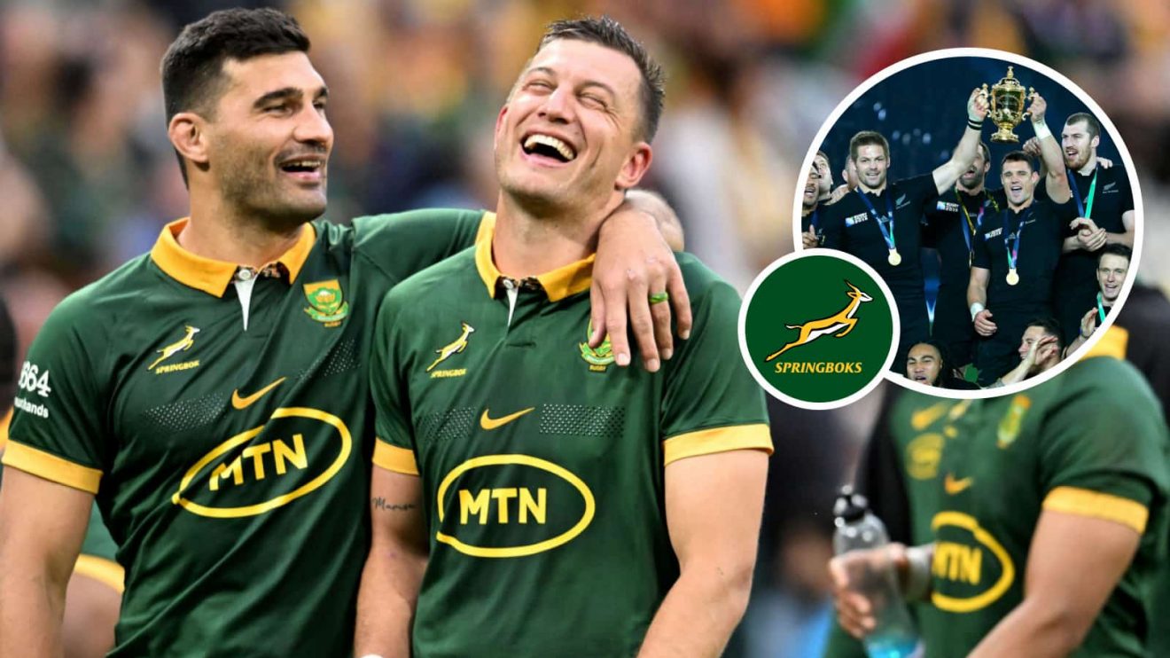 Handre Pollard sharing a joke with Damian de Allende in 2024 and the 2015 All Blacks team lifting the Webb Ellis Cup (inset).