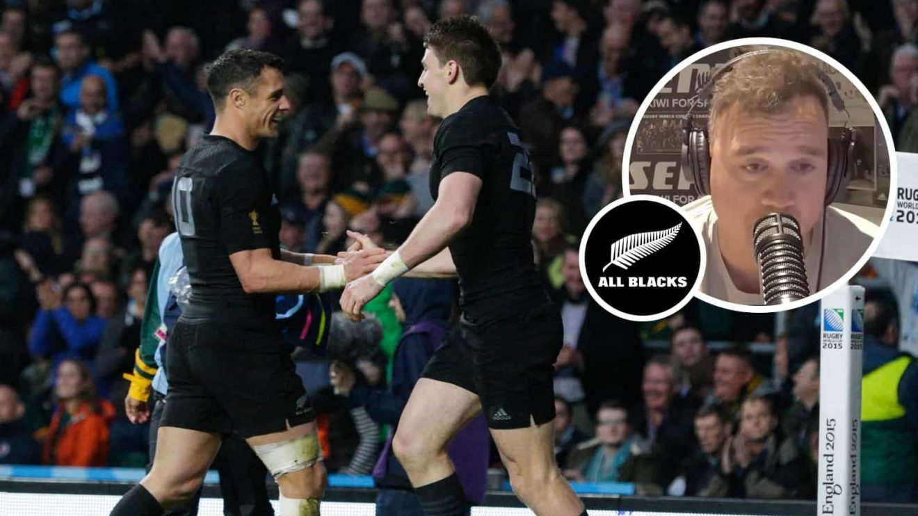 Dan Carter and Beauden Barrett celebrate a try at the 2015 Rugby World Cup and an insert of ex-All Blacks full-back Israel Dagg.