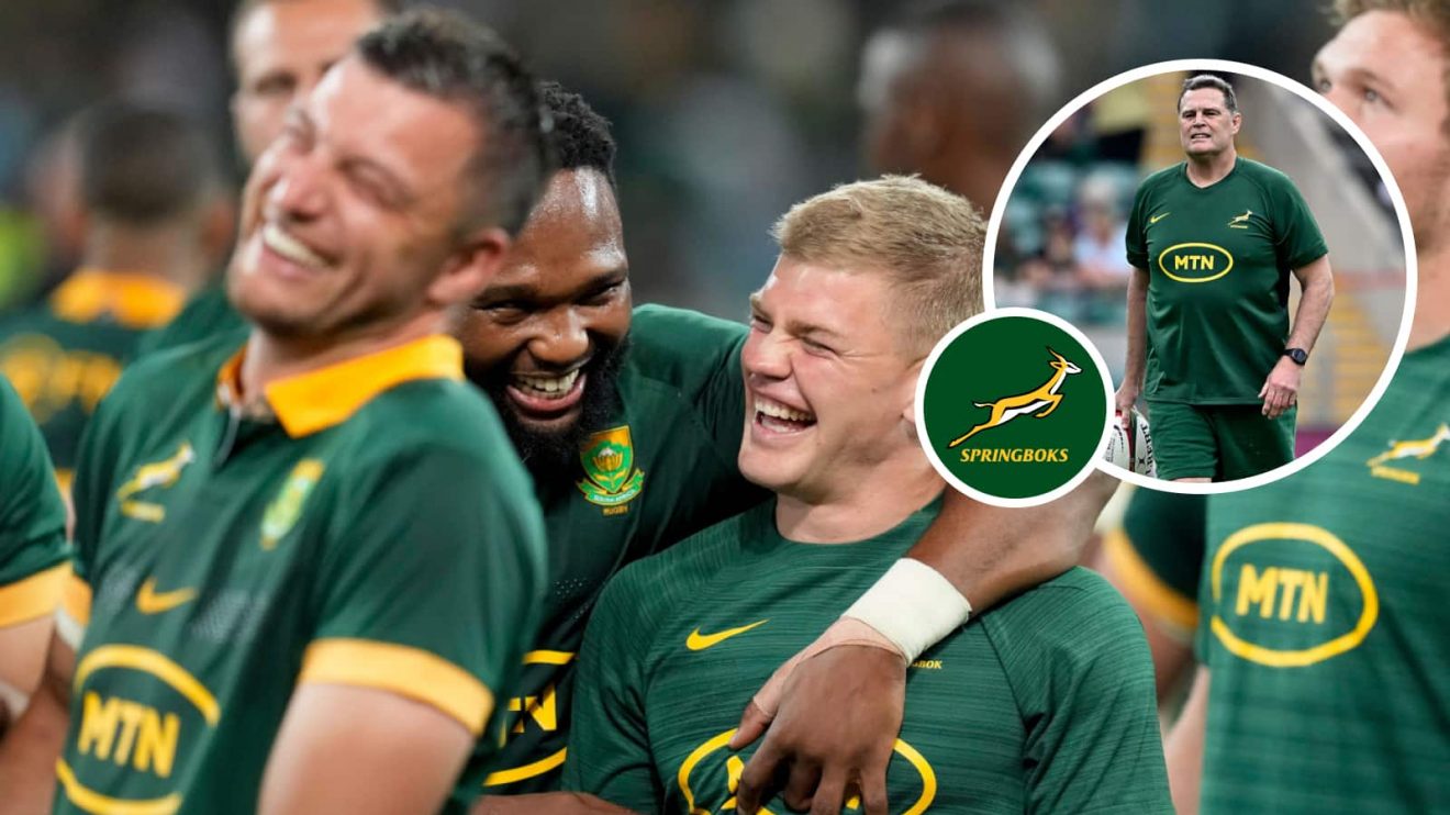 Handre Pollard and Springboks players laugh after Rugby Championship win, and head coach Rassie Erasmus (inset).