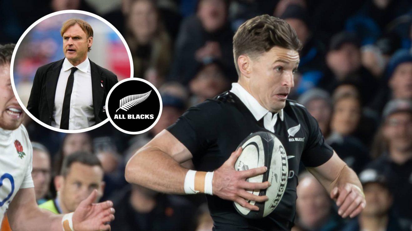 Beauden Barrett and an insert of All Blacks coach Scott Robertson.