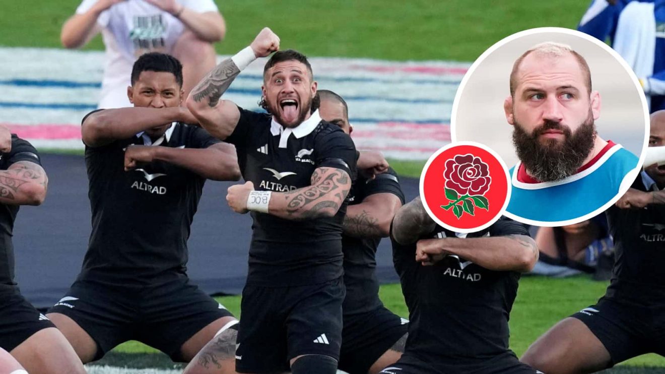 TJ Perenara leads the All Blacks Haka and an insert of England prop Joe Marler.