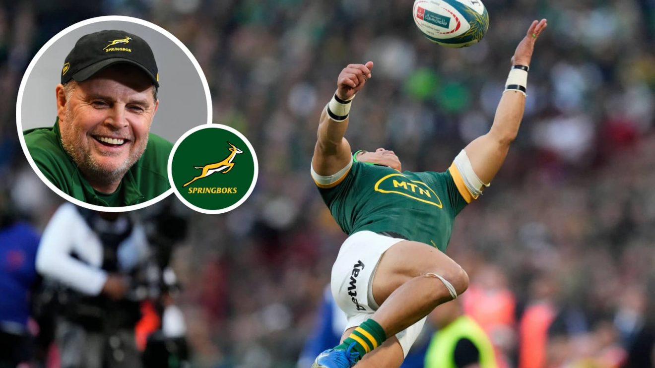 Springboks winger Cheslin Kolbe and an insert of head coach Rassie Erasmus.