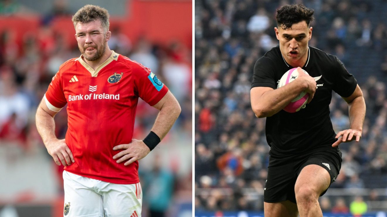 Split with Munster's Peter O'Mahony and All Blacks XV's Shaun Stevenson.