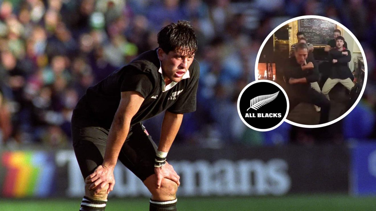 All Blacks legend Zinzan Brooke during his playing days and image of him performing a Haka in a pub.