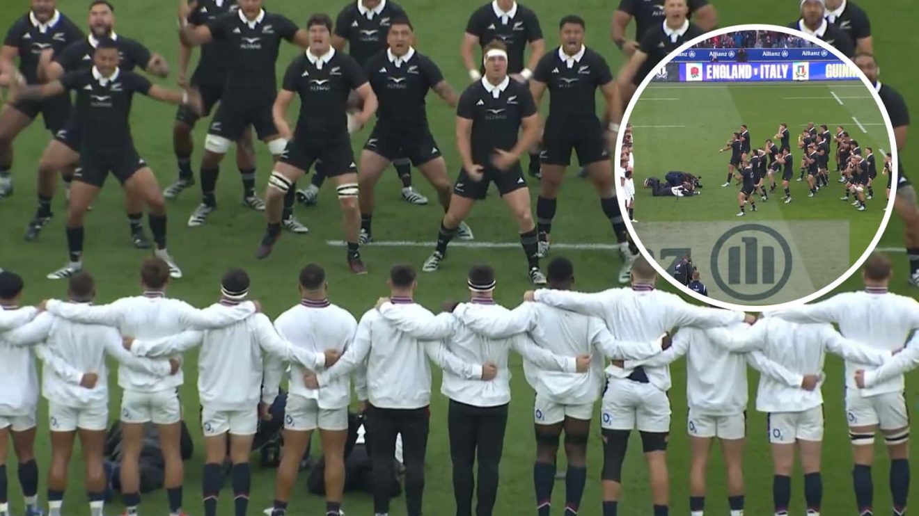England and All Blacks players during the Haka at Twickenham in November 2024.
