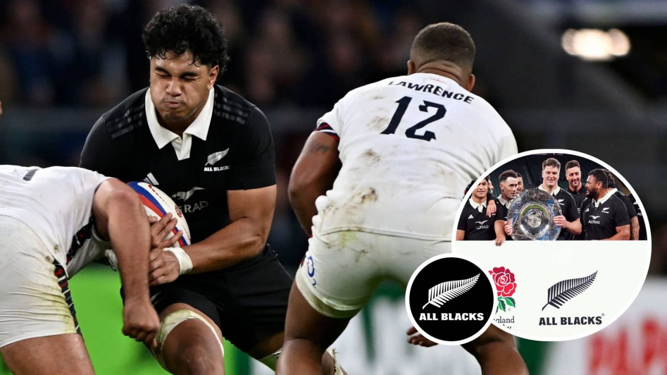 All Blacks star Wallace Sititi on the charge and the team with the Hillary Shield.