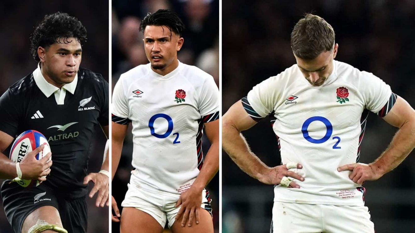 A split image of All Blacks star Wallace Sititi and England flyhalves Marcus Smith and George Ford.