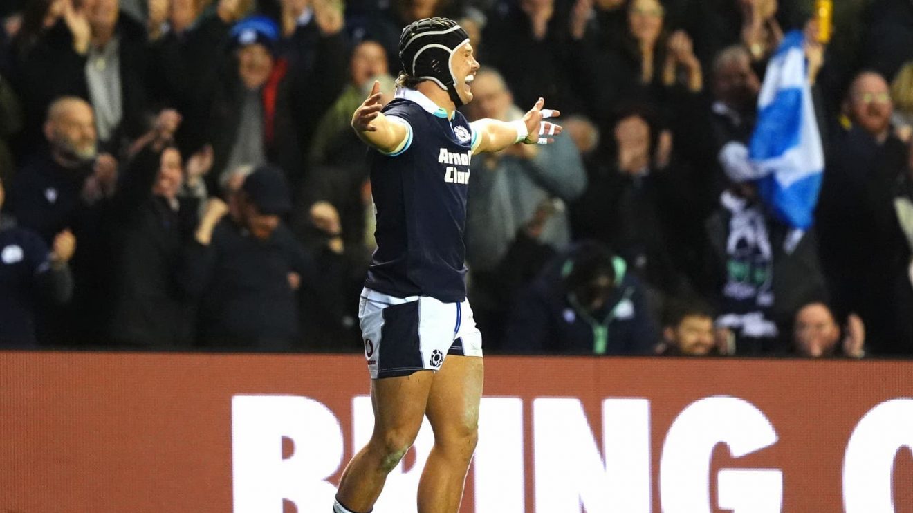 Darcy Graham celebrating try for Scotland against Fiji in 2024.