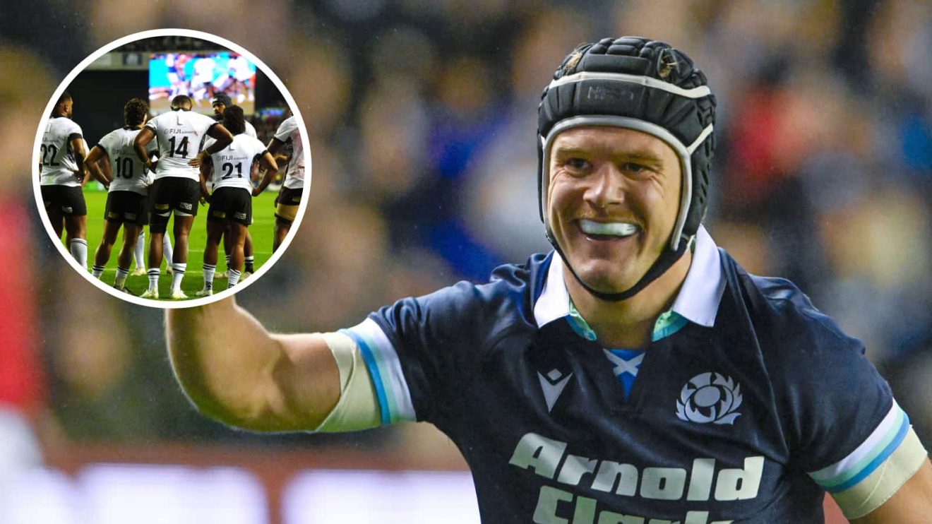 Scotland winger Darcy Graham and an insert of Fiji players.