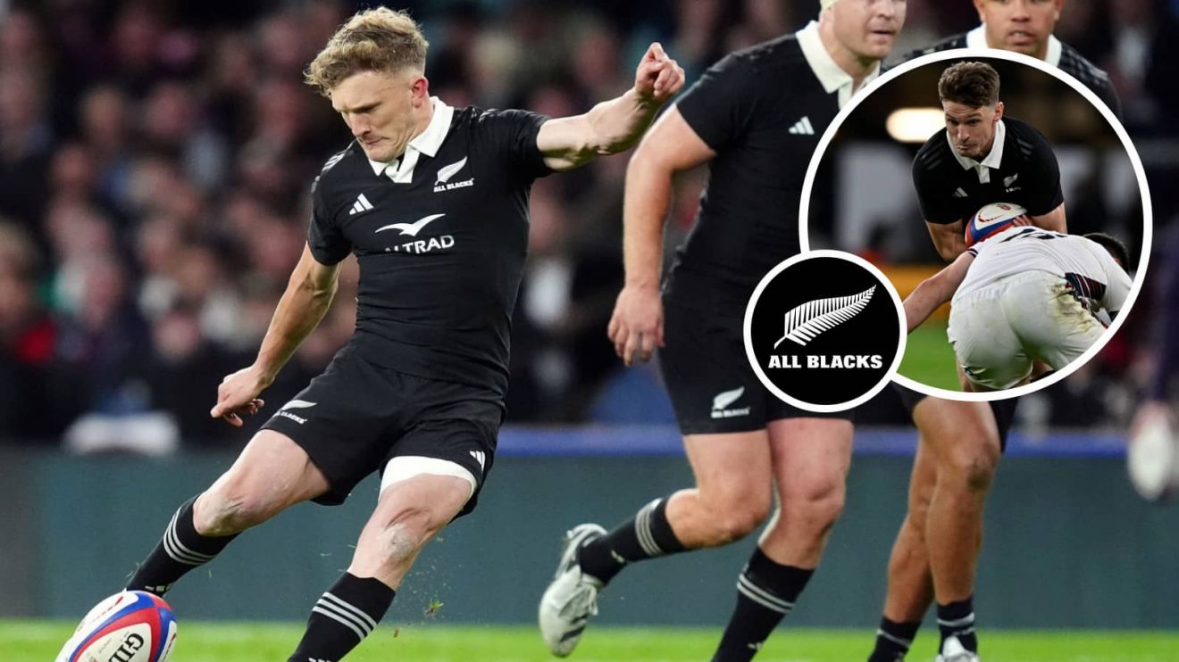 Damian McKenzie and Beauden Barrett (inset) in action against England at Twickenham in 2024.