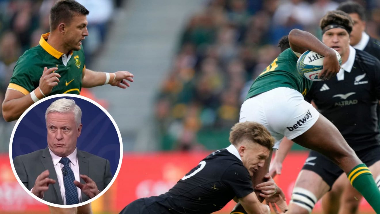 Springboks taking on the All Blacks in 2024 Rugby Championship and pundit Matt Williams (inset).