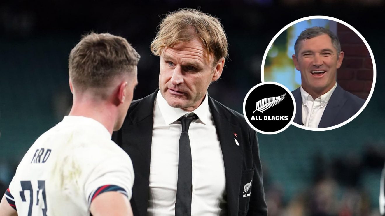 All Blacks coach Scott Robertson and England's George Ford with an insert of Stephen Donald.